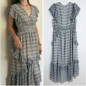 Max Studio Maxi Dress Blue Floral Tiered Ruffles XS Cottagecore Feminine